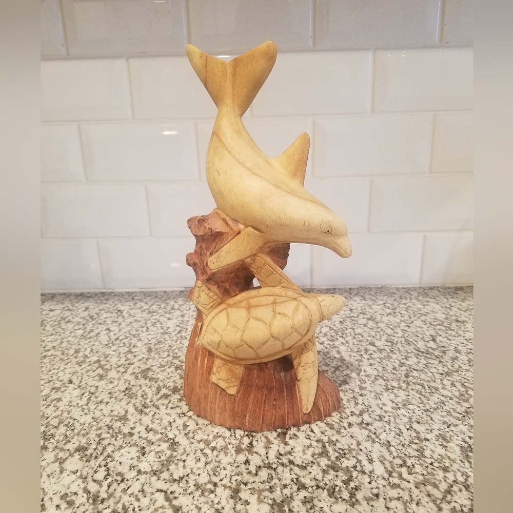 Dolphin and Turtle Wooden Statuette